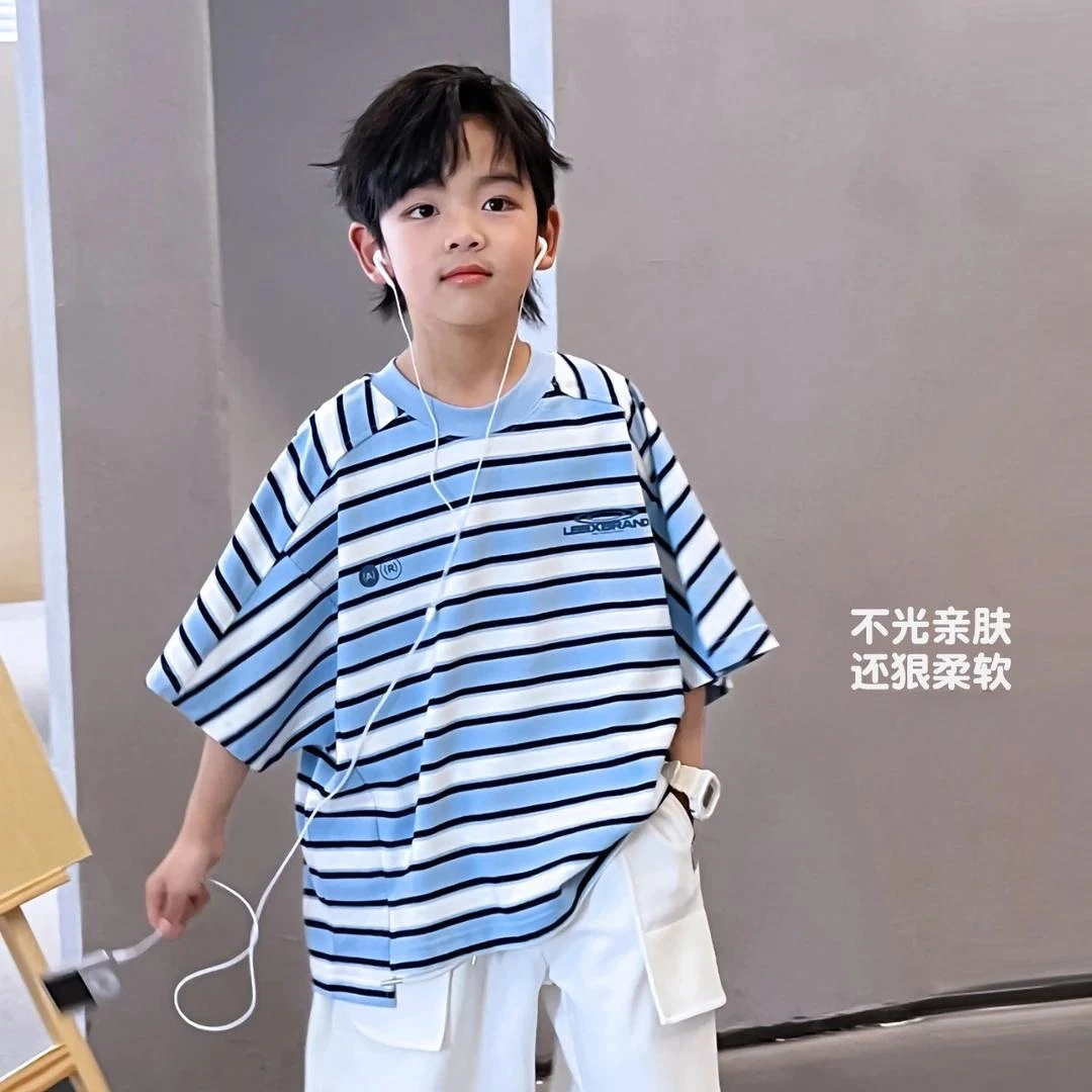 男童夏装短袖T恤套装2025新款中大儿童男孩夏季条纹棉t短裤两件套
