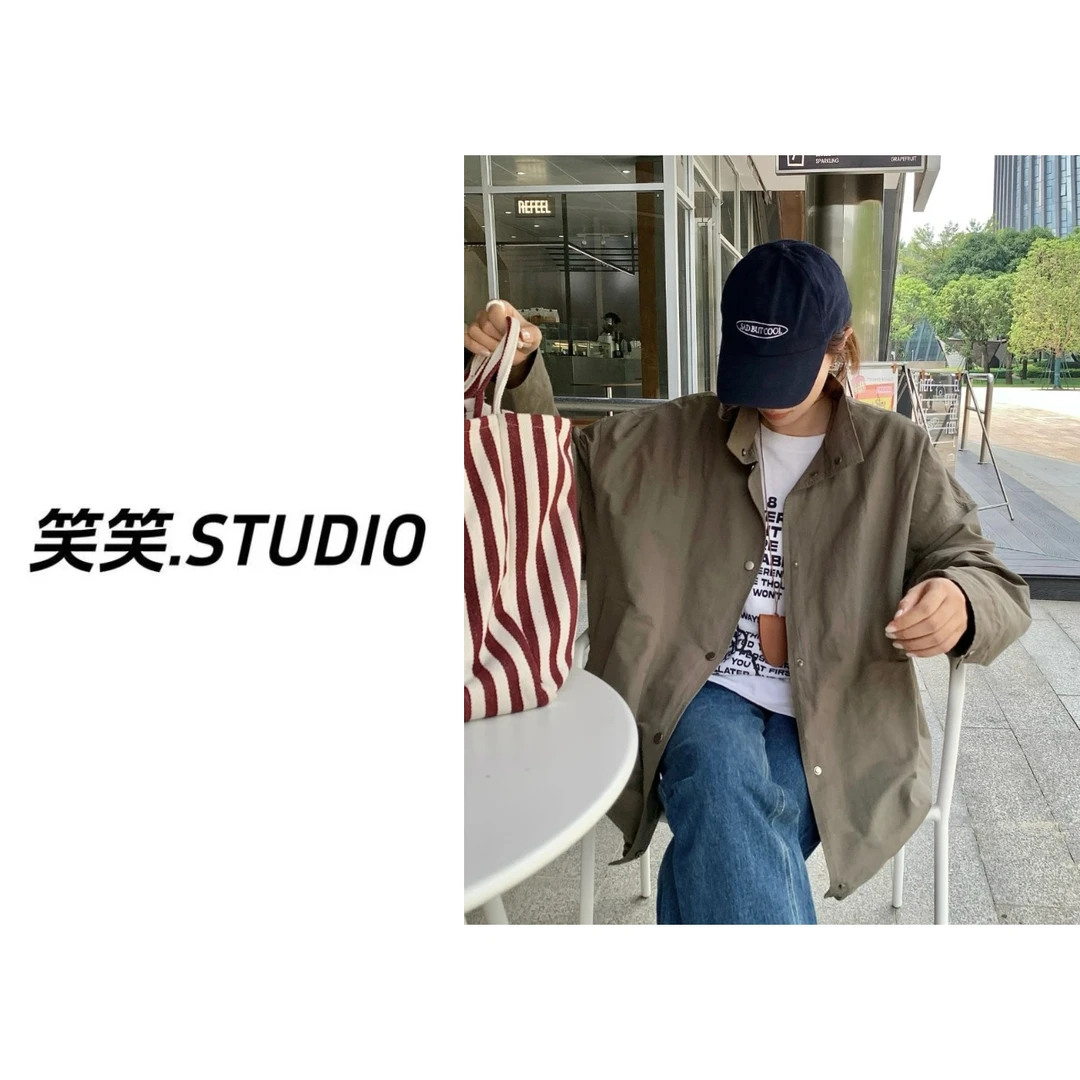 笑笑-【南韩立领风衣】韩系极简风帅气立领短款宽松纯色风衣外套