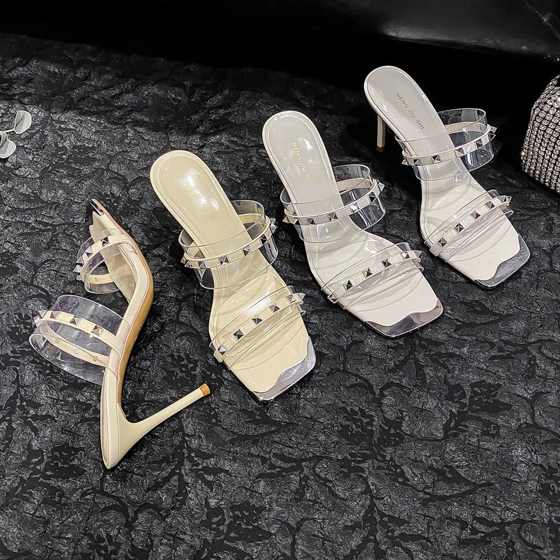 后空铆钉女高跟凉鞋方头浅口凉拖显高韩版2025年夏季新款01033