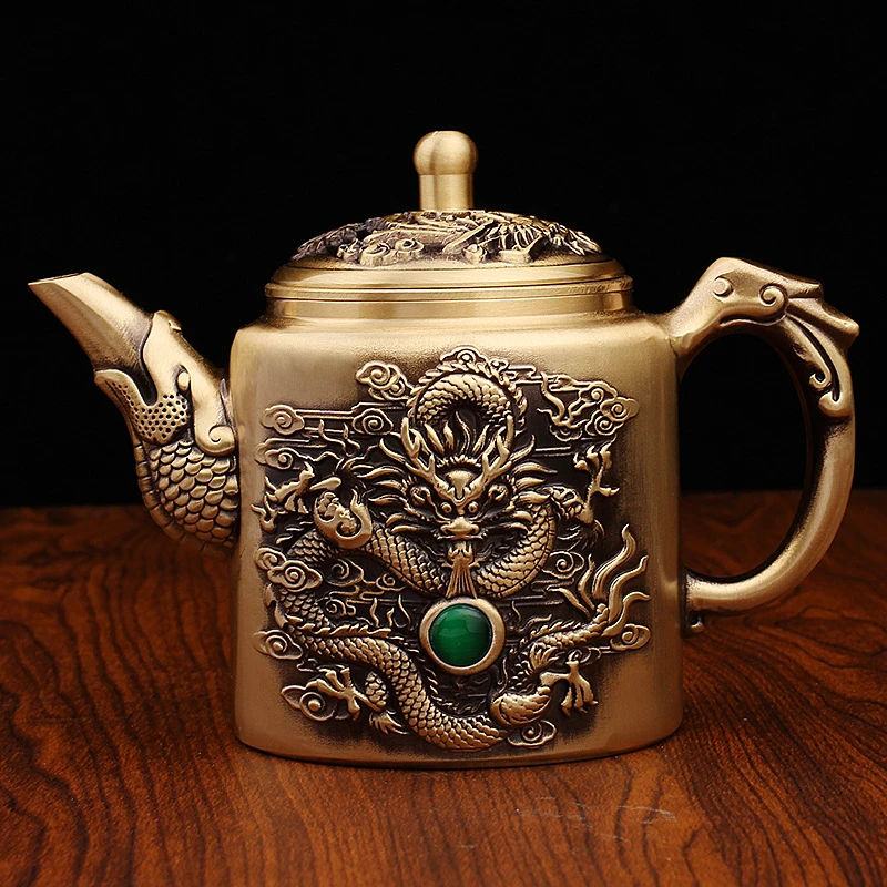 黄铜《高龙凤茶壶绿宝石款》铜工艺品茶壶酒壶高端大气铜创意茶壶