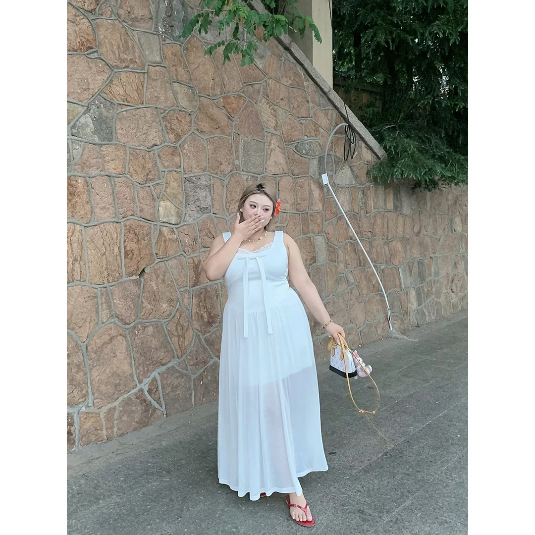 全球花【月光白茶】大码连衣裙白色薄纱蕾丝吊带连衣裙收腰显瘦长裙