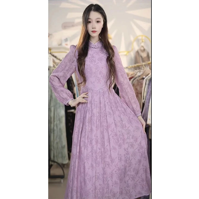 L156气质长袖连衣裙夏季新款复古减龄流光收腰时尚洋气中长款裙