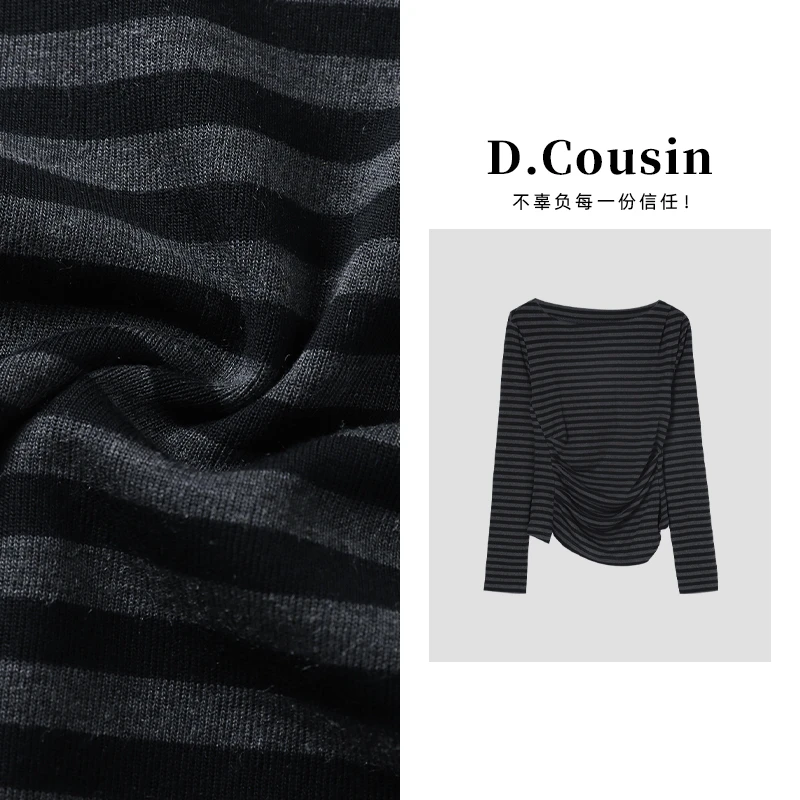 D.cousin  小众撞色条纹收腰长袖T恤女韩系新款斜肩上衣  7199