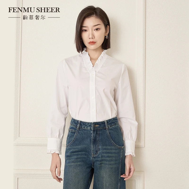 【文娇专属】粉慕奢尔『淡雅白茶』木耳边棉质V领上衣通勤衬衣-G1753