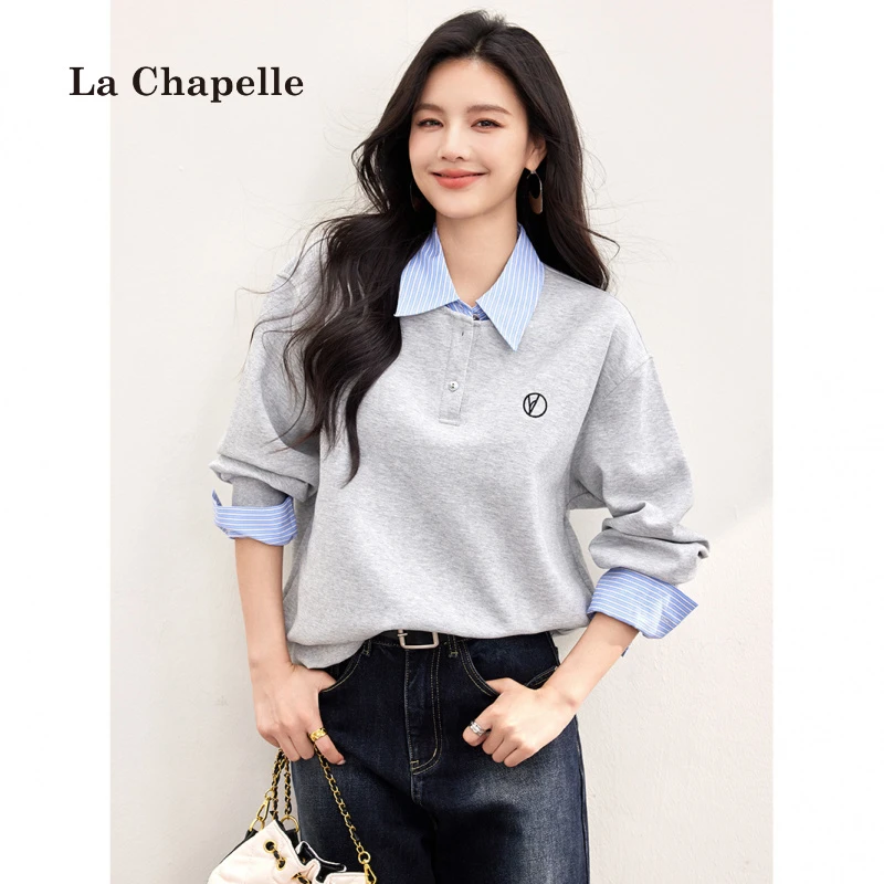 拉夏贝尔时尚显瘦假两件卫衣2025春款拼接领学院风宽松长袖上衣女