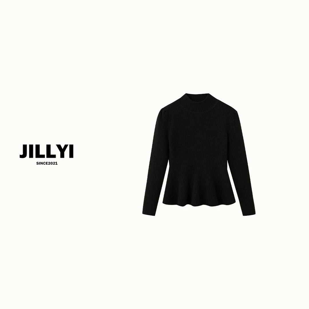 JILLYI【暗夜深黑】黑色半高领打底针织衫秋季纯色修身百搭