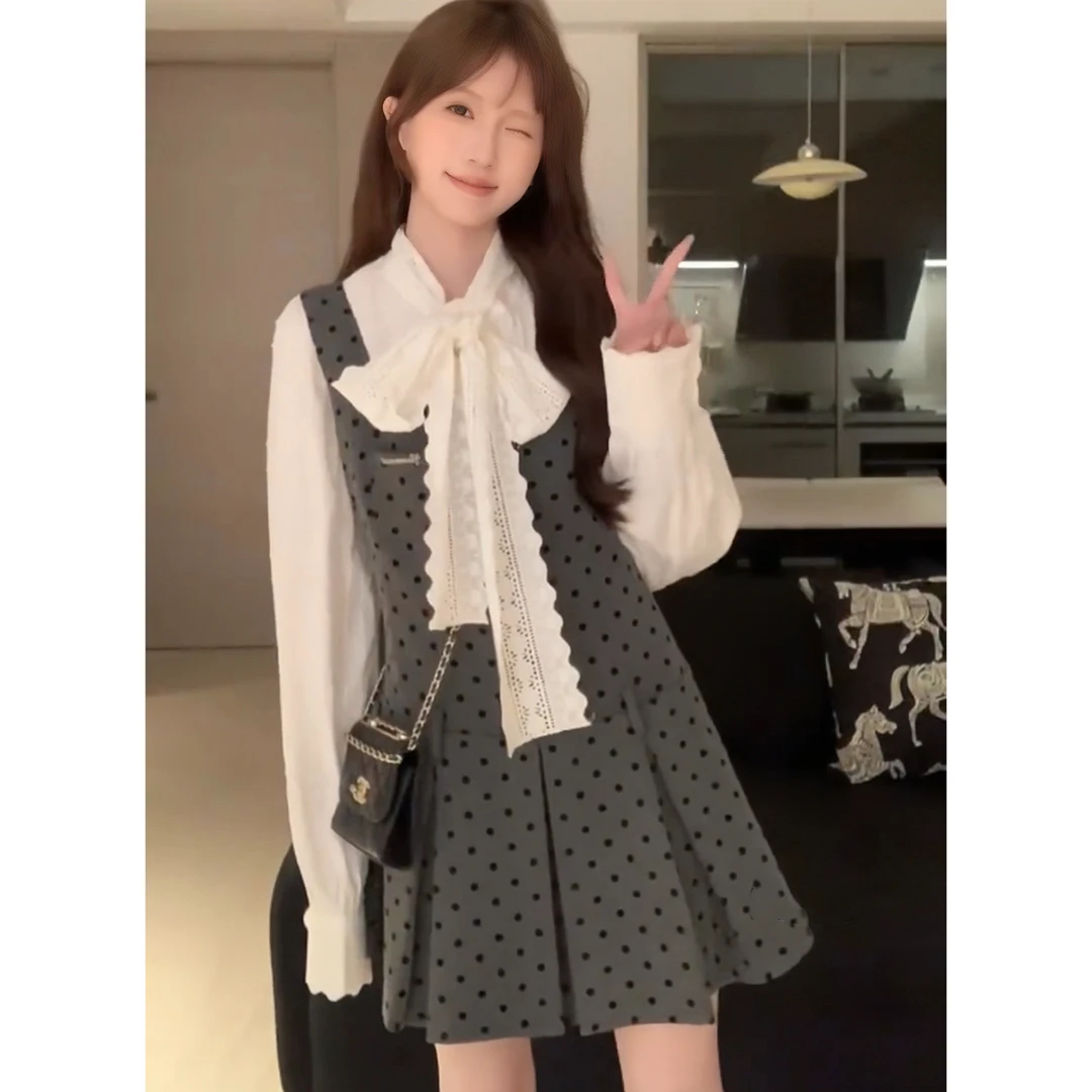 海派甜心气质蝴蝶结蕾丝衬衣衬衫波点背心连衣裙两件套装A1078