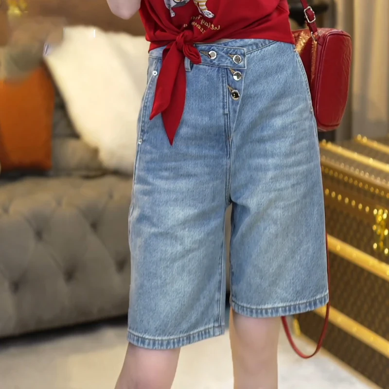 2025新款夏季百搭时尚中高腰简约显瘦宽松5分裤牛仔短裤LK2503045