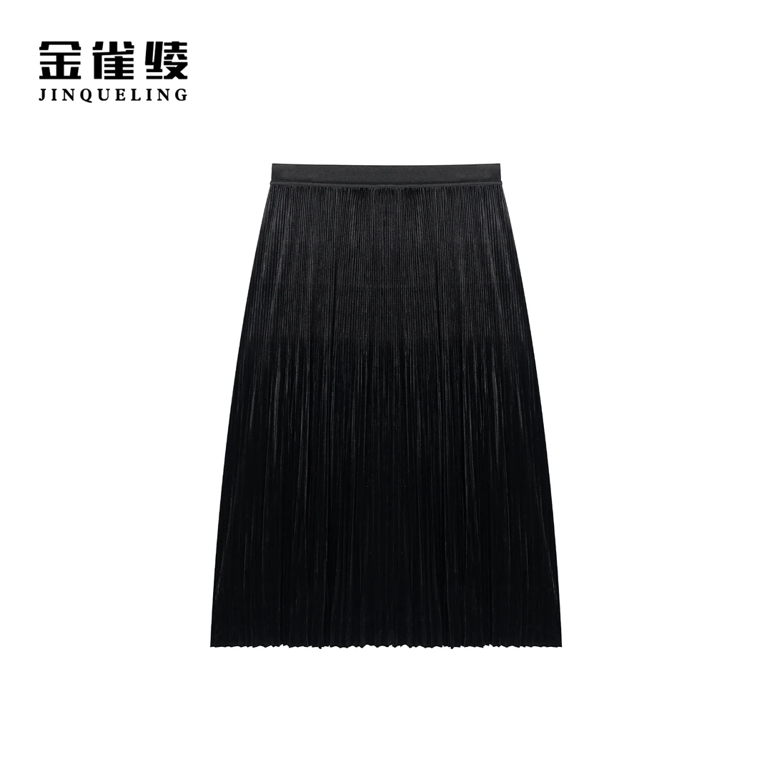 金雀绫【华尔兹】简约法式休闲百搭款弹力醋酸丝绒半裙SZ1Q32