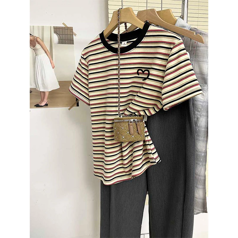 2025爆款夏季条纹拼色圆领正肩短袖T恤女小众设计感薄款上衣体恤