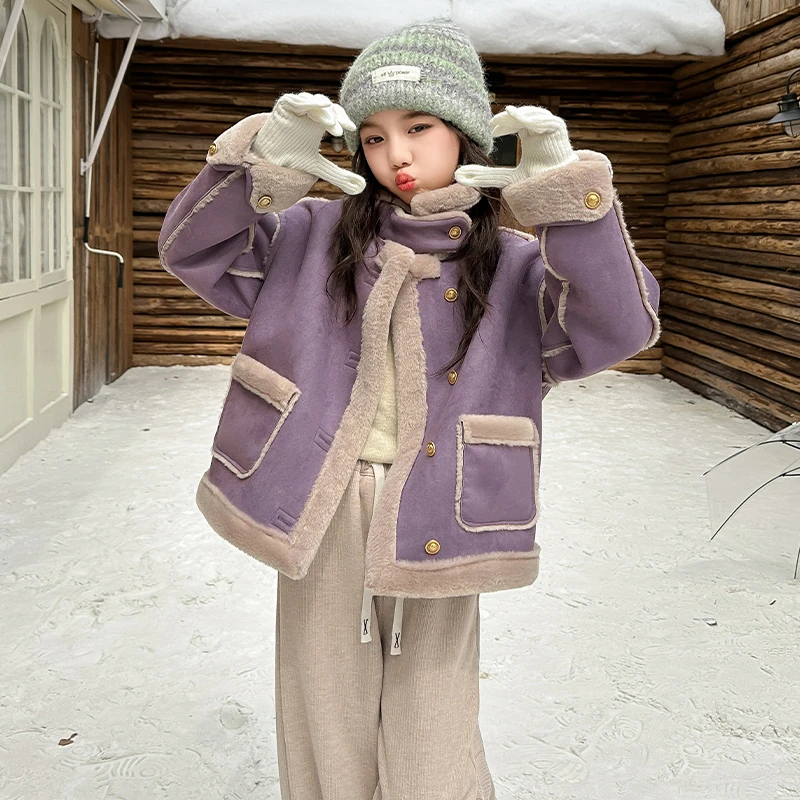 女童皮毛一体外套秋冬装2025新款中大儿童洋气加绒加厚麂皮绒棉衣