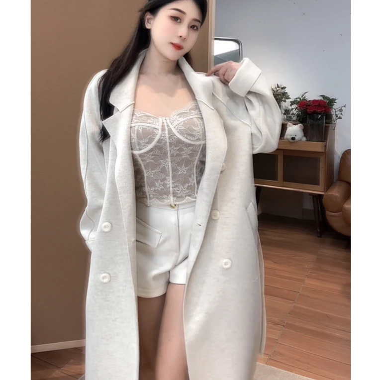 【韩剧女主】长款带细闪翻领双面呢气质时尚大衣设计师冬款女装1155