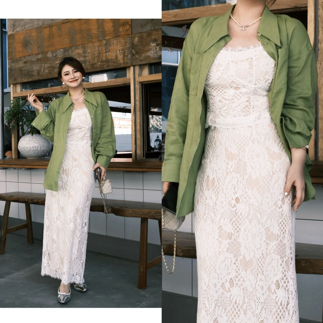 裂渡杨杨【怦然心动】微胖大码女装夏气质设计感蕾丝套装ZY504K14