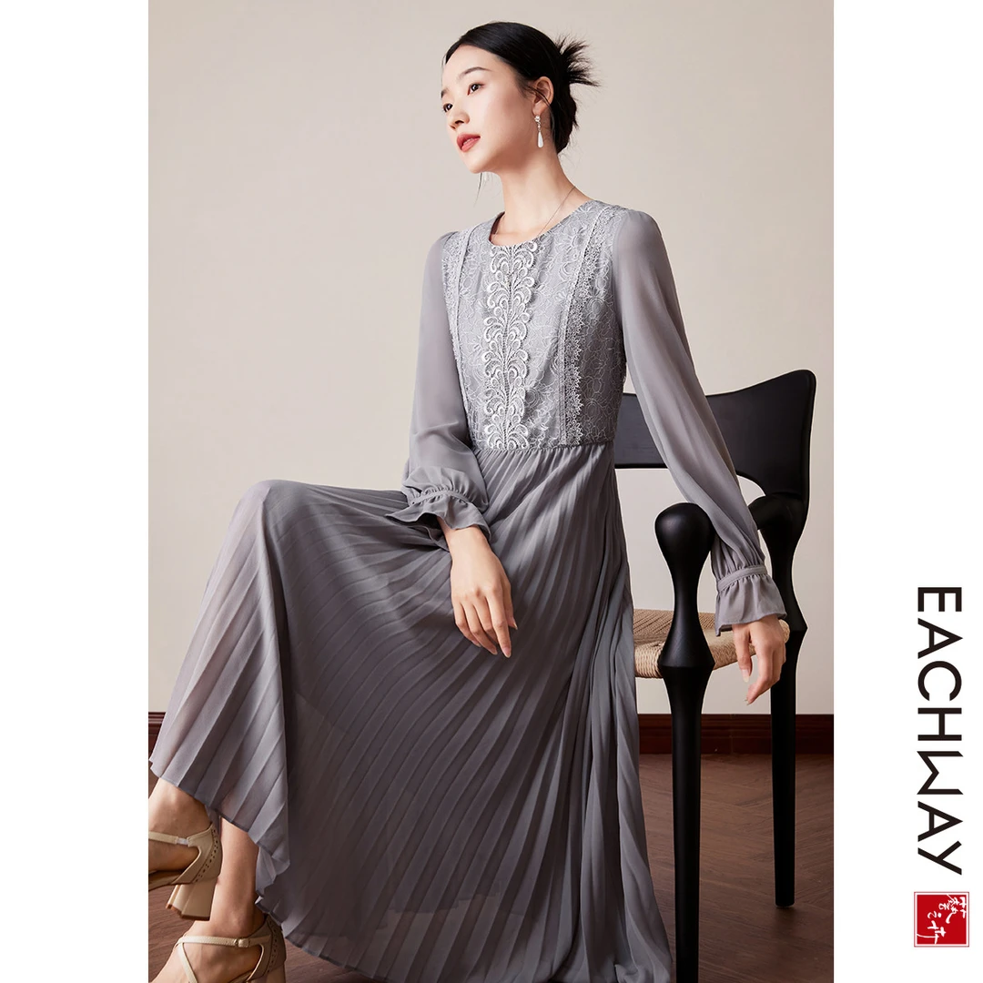 【蕾丝拼接百褶裙】优雅通勤连衣裙女2024秋季收腰显瘦中长裙