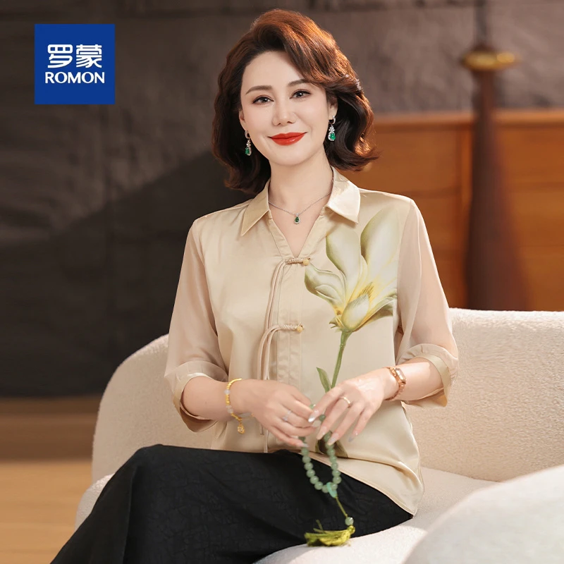 罗蒙中年妈妈夏装中式国风小衫套装2025新款洋气女装高贵上衣t恤