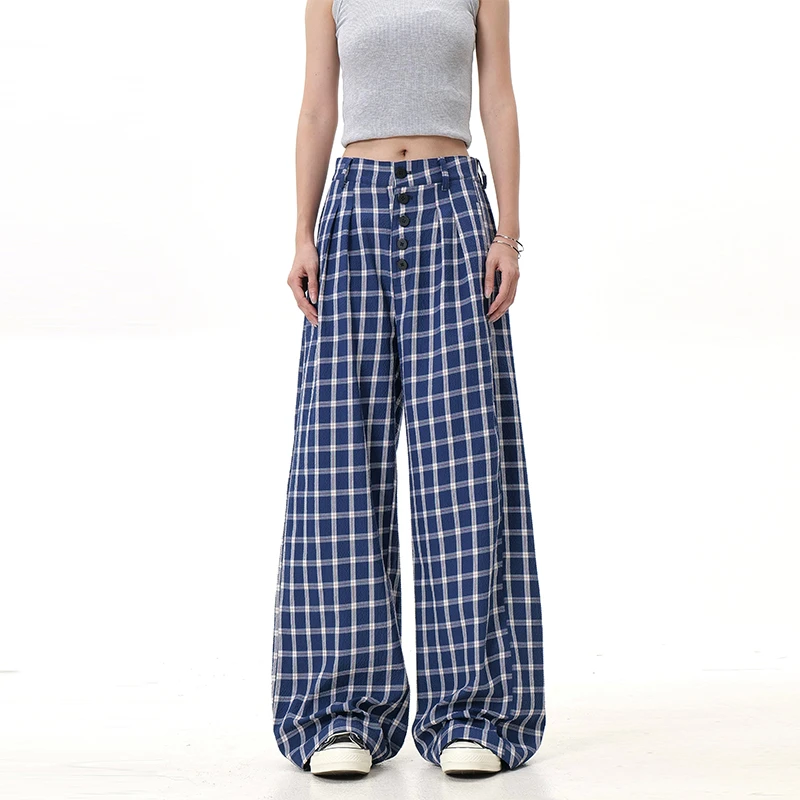 赵露思同款复古格子休闲裤男女宽松慵懒风阔腿直筒排扣设计拖地裤