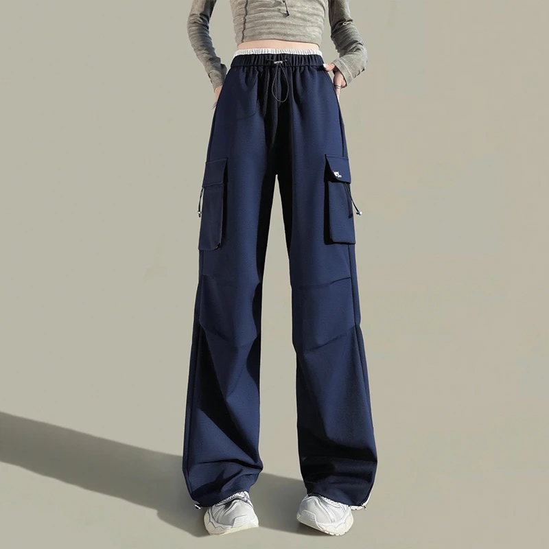 藏青色户外登山直筒工装裤女2025新款春秋高腰显瘦阔腿伞兵运动裤