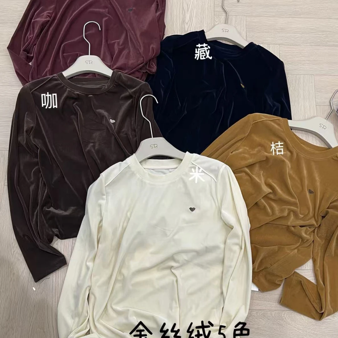 女士长袖几何时尚纯色户外休闲T恤明线装饰常规圆领秋款丝绒