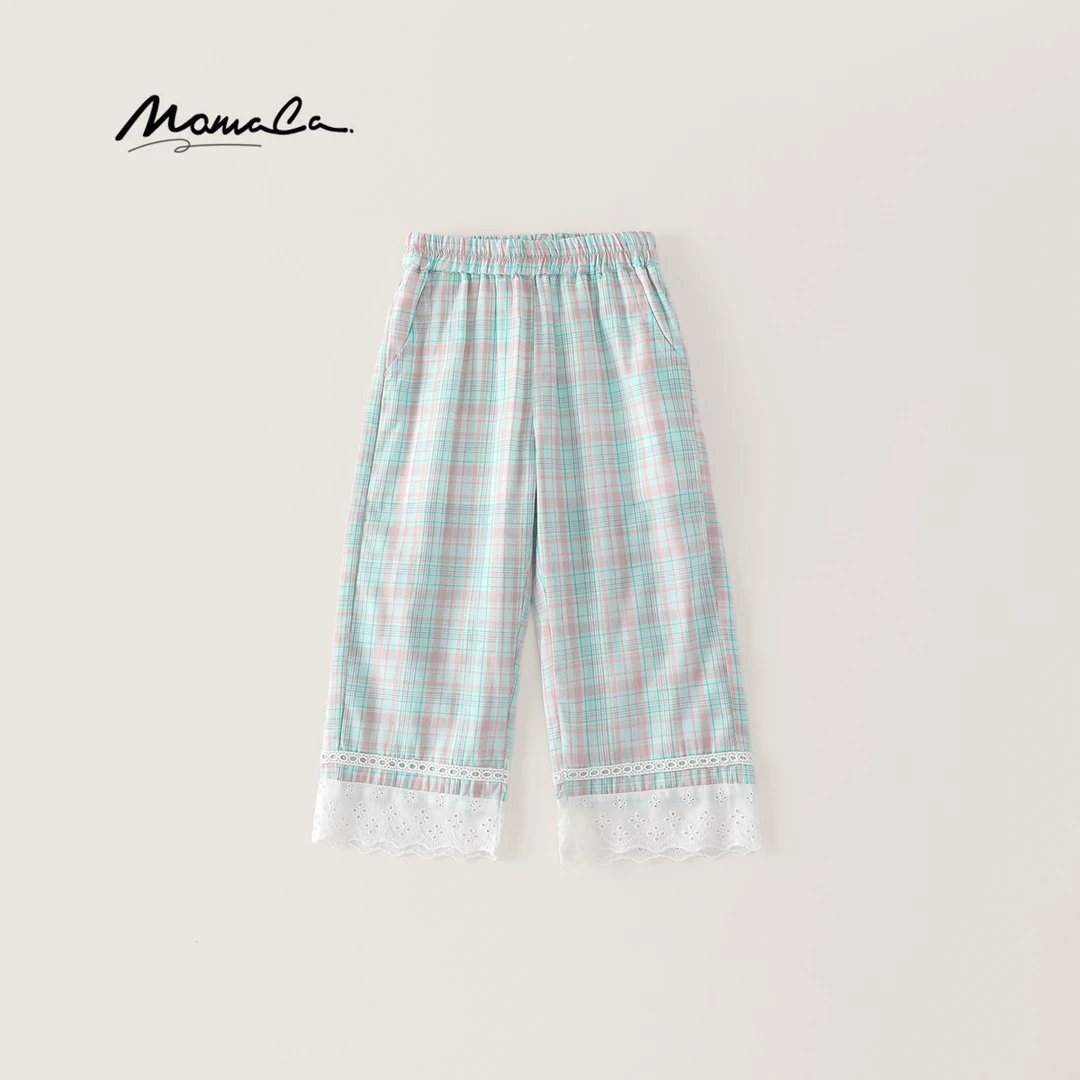 MOMOCO夏季儿童时尚休闲花边格子直筒裤77630354004