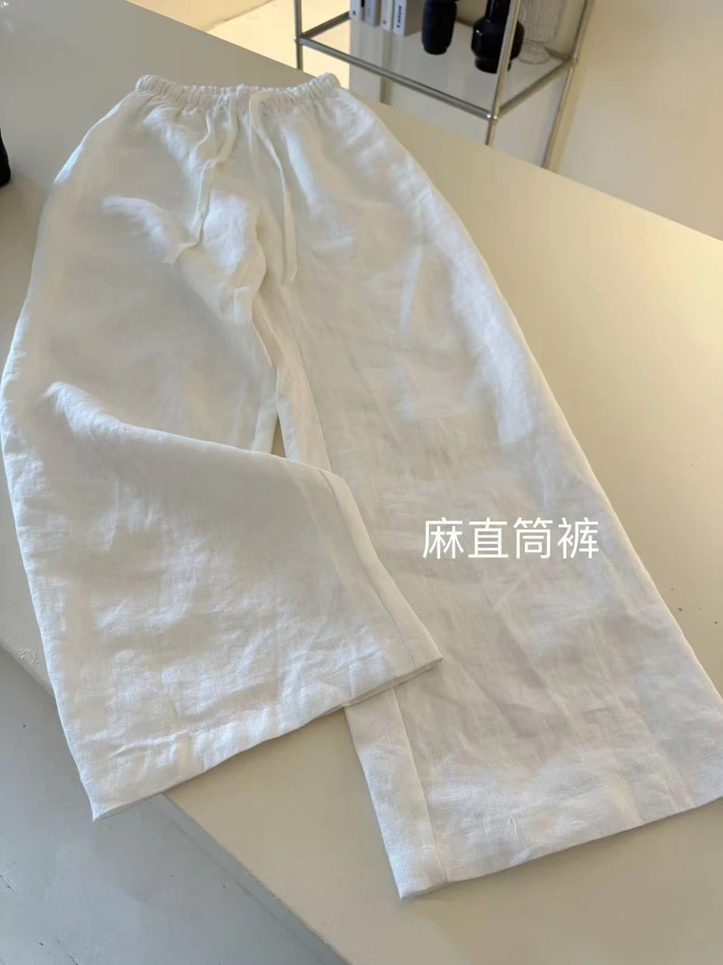 MOREYOUNG李李家橡筋腰抽绳麻直筒裤25188