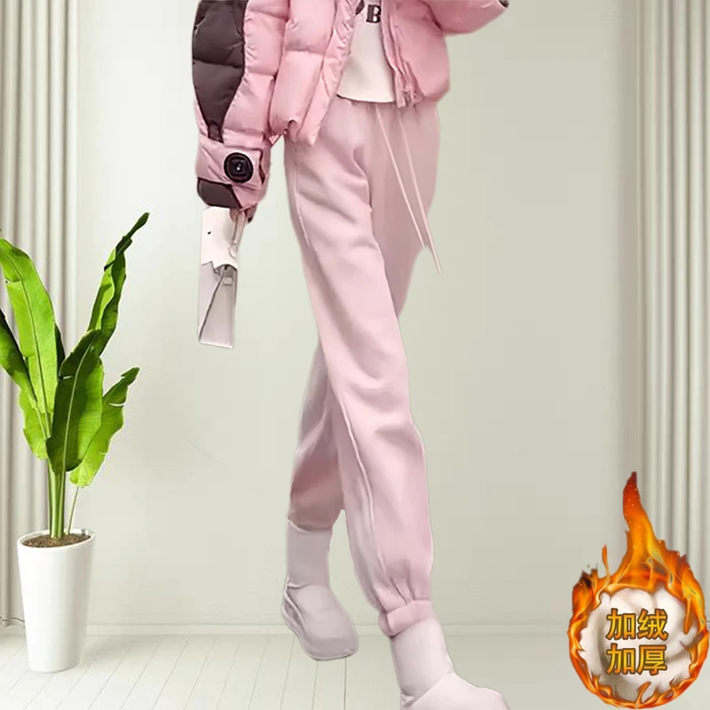 女式卫裤2024冬季新款欧货加绒加厚休闲直筒束脚阔腿运动哈伦裤