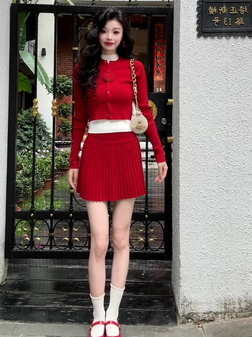 小个子气质女神范高级感富家千金小香风红色圣诞针织连衣裙套装冬