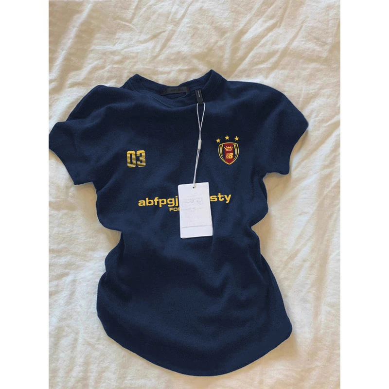 正肩美式新款短袖2025夏季新款字母印花修身显瘦纯欲风常规款上衣