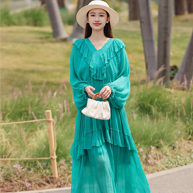 纯色桑蚕丝连衣裙时尚长款阔太太时髦女装