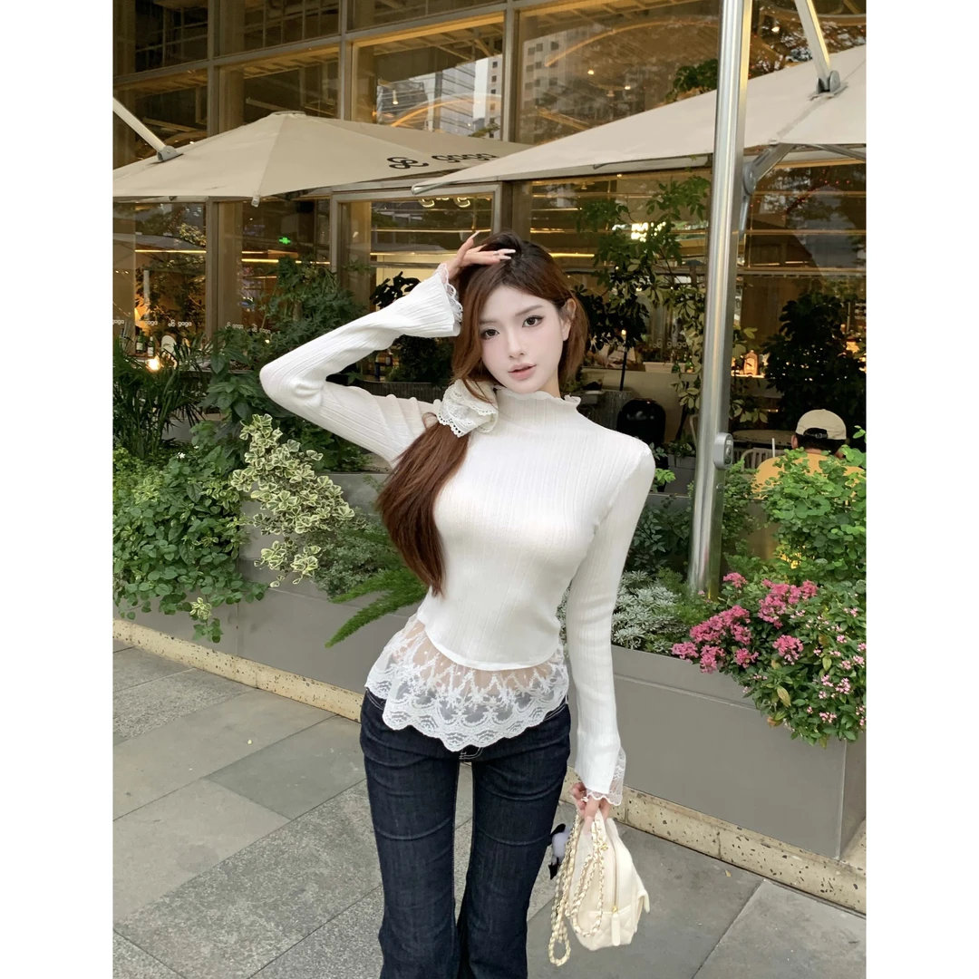 纯欲收腰显瘦半高领长袖针织衫女蕾丝拼接设计感内搭气质百搭上衣