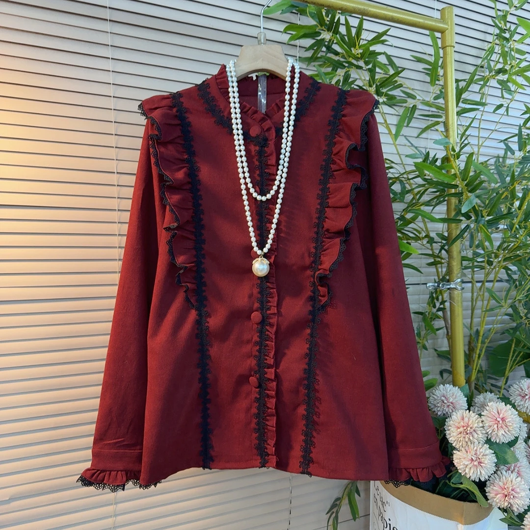 2497胖妹妹欧货时尚气质减龄设计感木耳花边翻领洋气显瘦衬衫