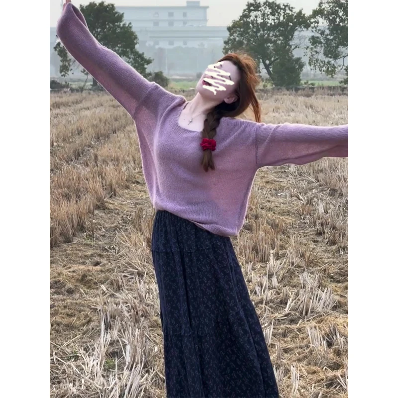 2025秋季新款女法式气质薄款宽松针织上衣百搭碎花高腰显瘦半身裙