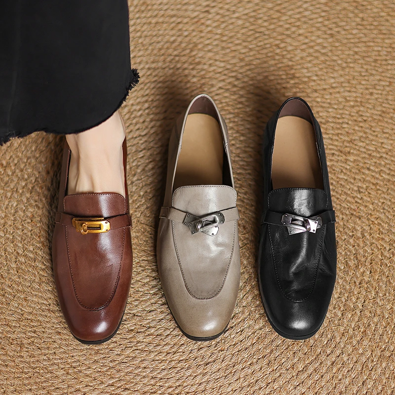 2CM，牛皮透气平底圆头一脚蹬乐福鞋水染皮法式休手工平底圆头乐福