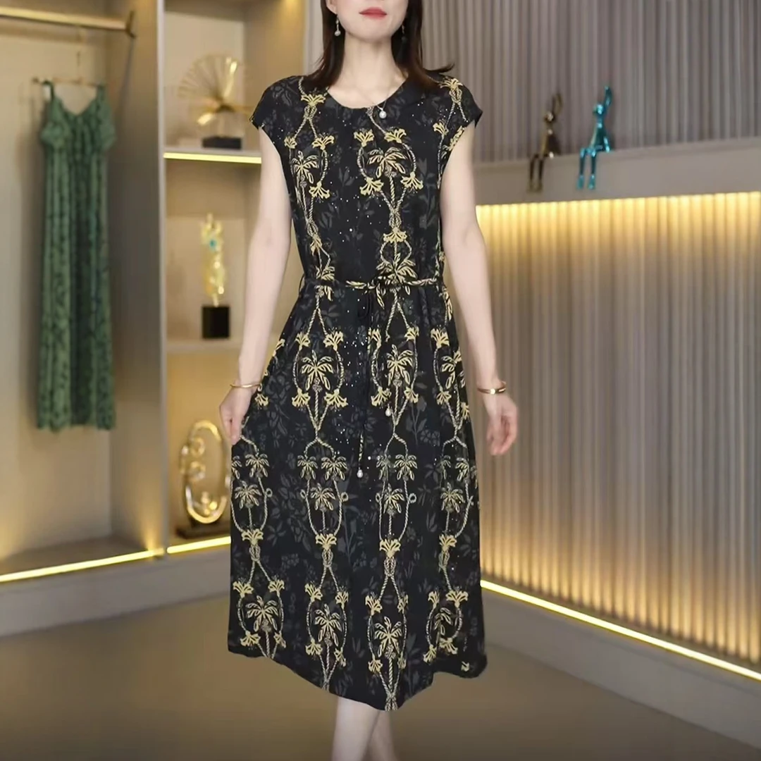 气质女装印花收腰落肩袖连衣裙女夏季新款妈妈装薄款休闲凉快长裙