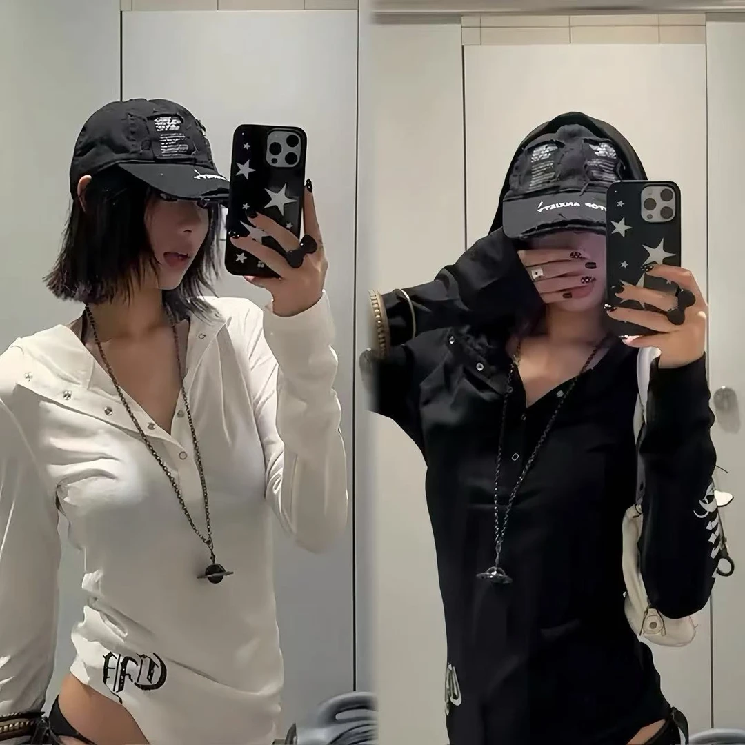 2025早秋新款美式大码哥特风连帽长袖T恤