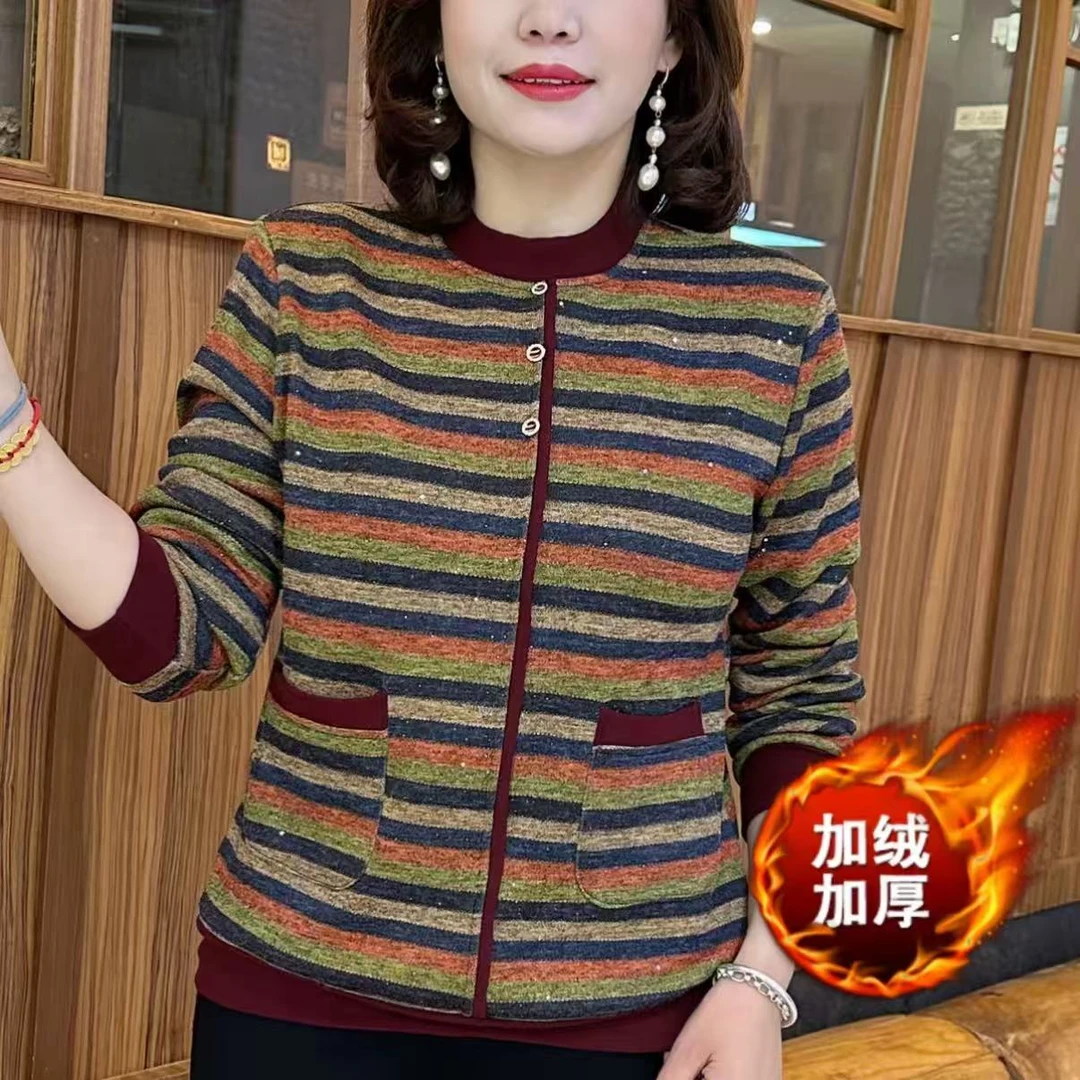 中老年妈妈装冬季新款女士上衣圆领条纹口袋保暖宽松显瘦长袖打底