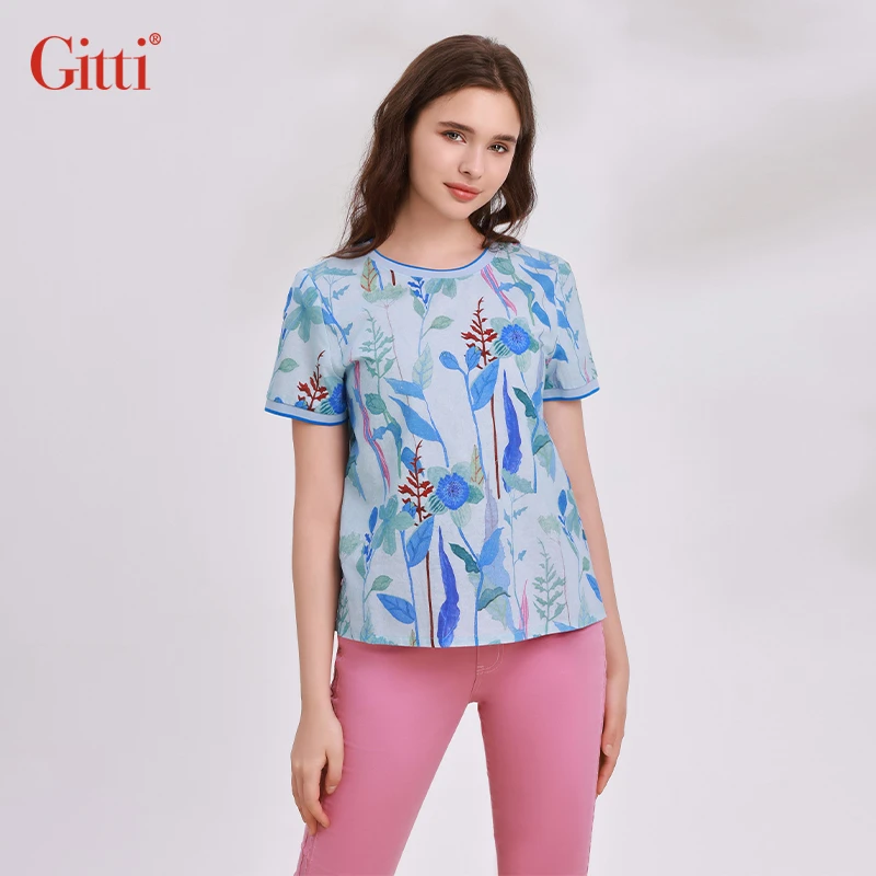 印花圆领棉麻短袖女舒适亲肤大码T恤G251329