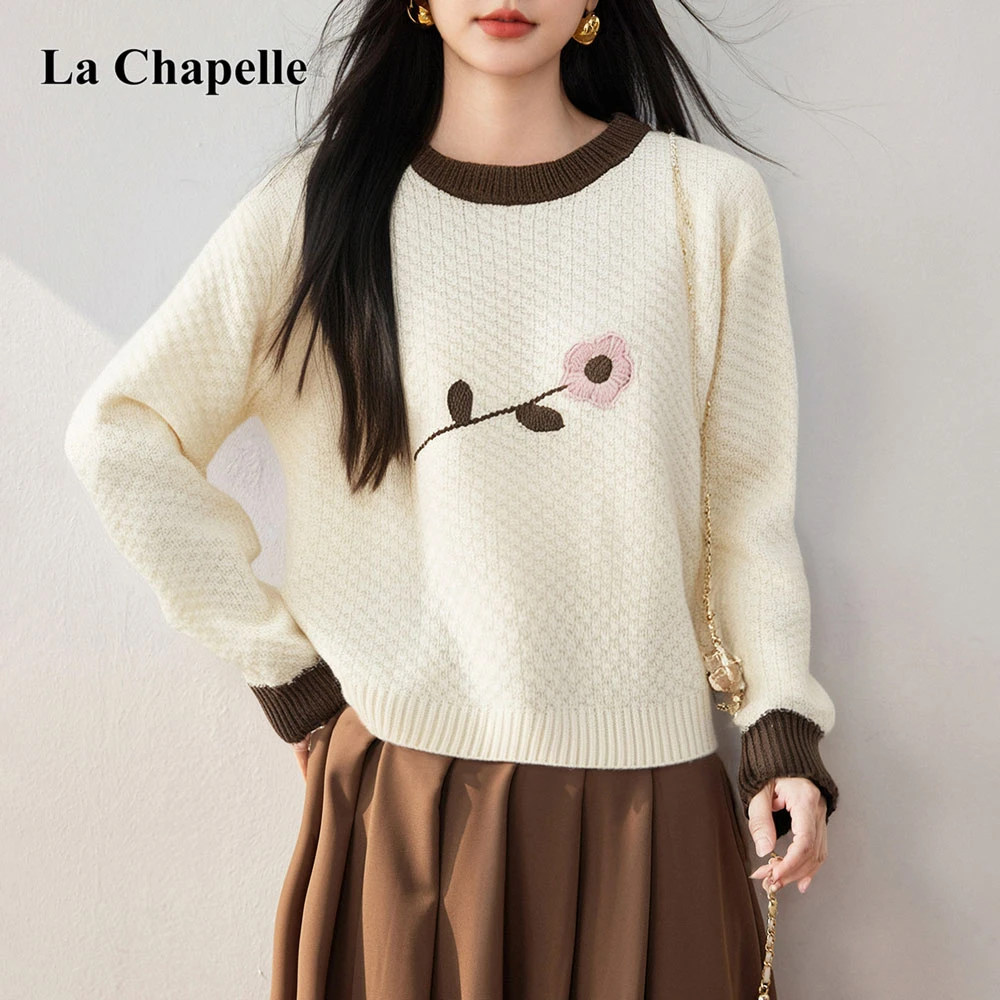拉夏贝尔小个子提花毛衣女2025秋冬新款慵懒风百搭短款内搭针织衫