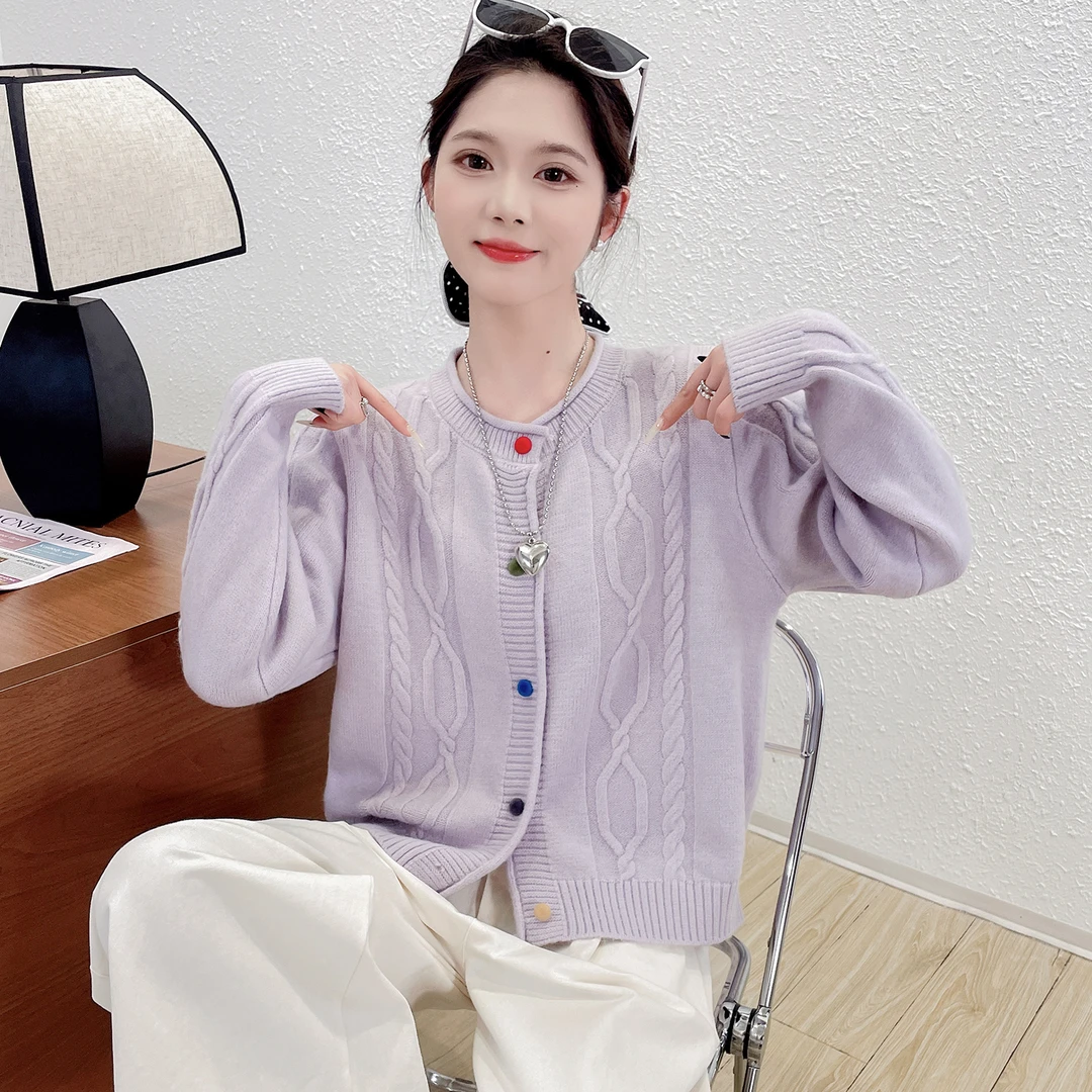 苏醒的乐园开衫女麻花纹彩色扣针织春装SXMY32942圆领百搭毛衣