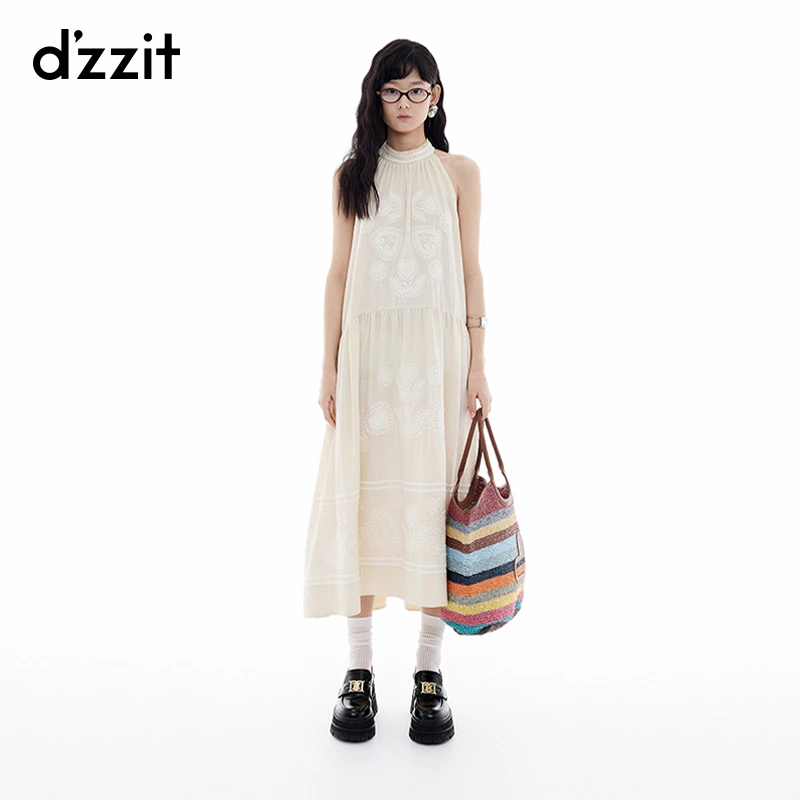 【商场同款新品】dzzit地素连衣裙25夏度假风绣花挂脖长裙女3J2O307