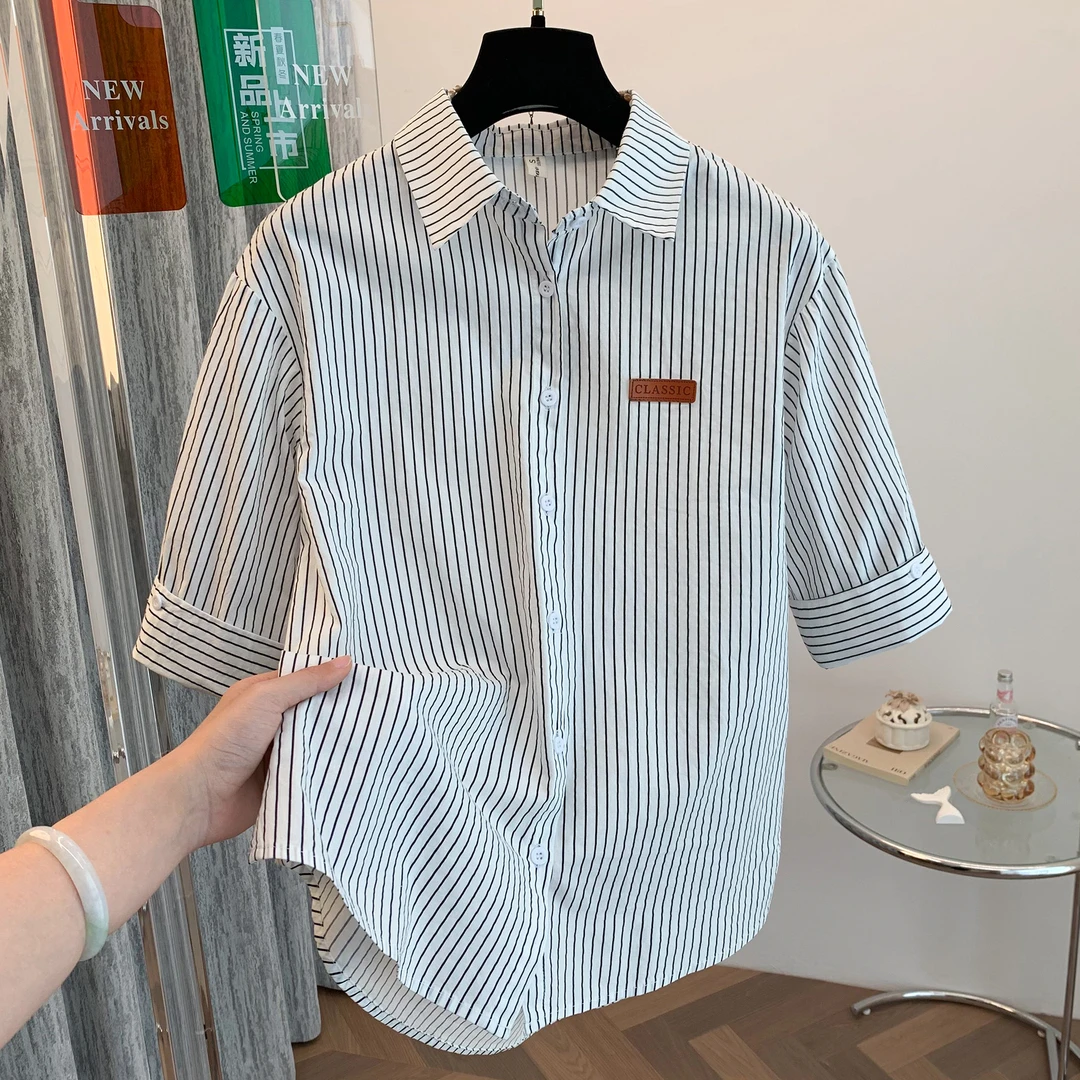 春夏新款法式黑白条纹短袖衬衫女装中袖上衣小众薄款港风韩版翻领