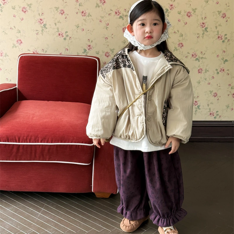 2025冬季新款童装 韩版童装 女童韩系碎花拼接棉服 加绒棉衣