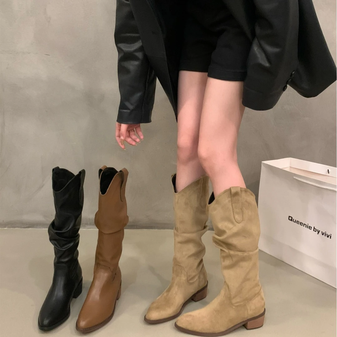 粗跟褶皱堆堆长筒骑士靴女鞋2024年新款秋冬季西部瘦瘦显瘦长靴子