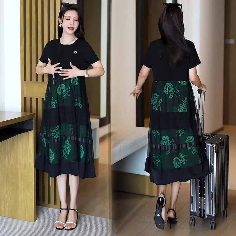 2025夏季新款气质高腰A字半身长裙设计感后背镂空蕾丝短袖套装潮