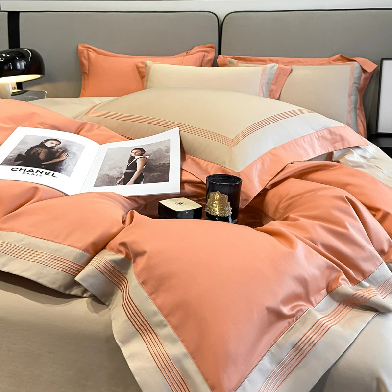 高档纯棉长绒棉四件套全棉床单床笠纯色刺绣被套被罩四季床品套件