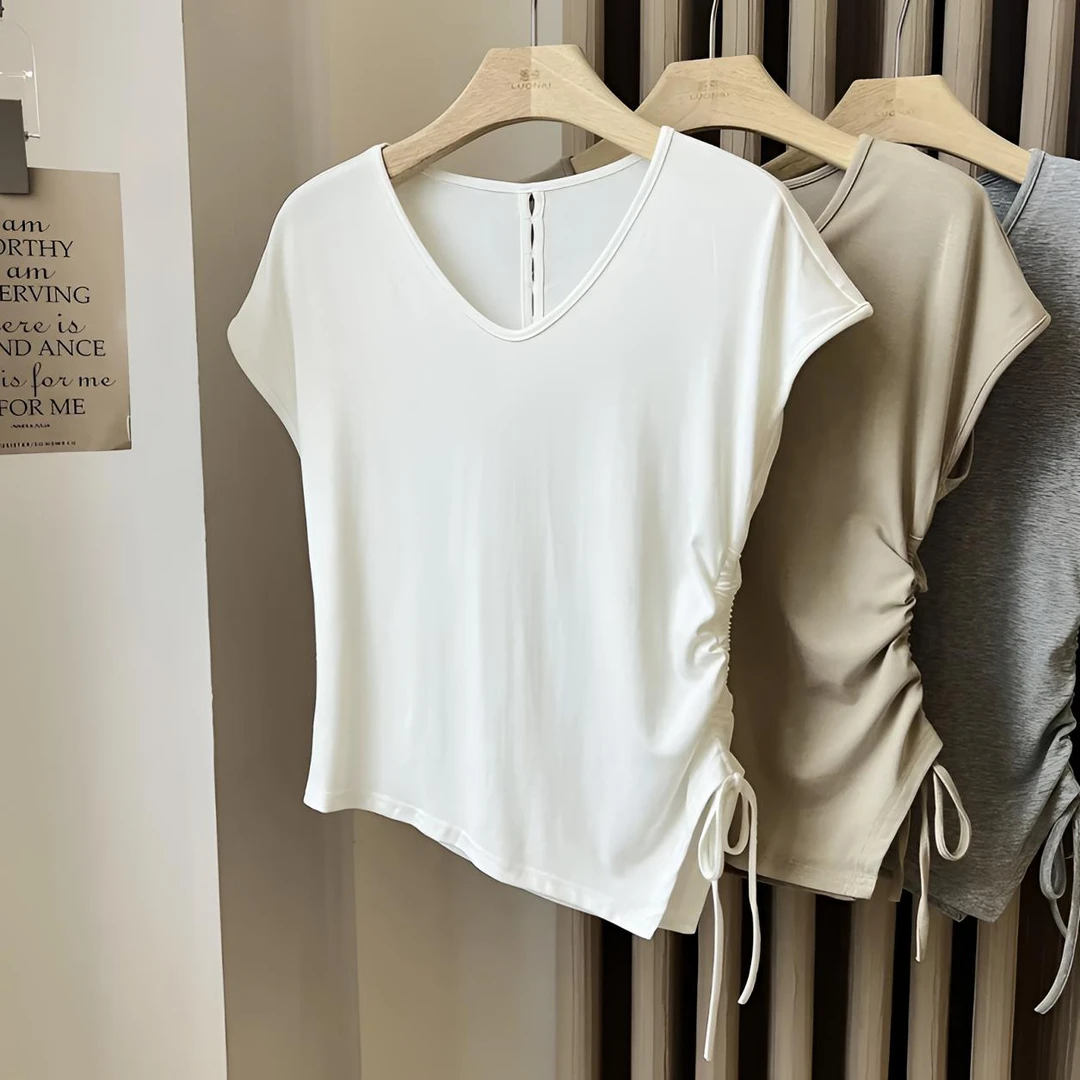 2025夏季新款辣妹不规则侧边抽褶收腰V领T桖时尚百搭显瘦上衣