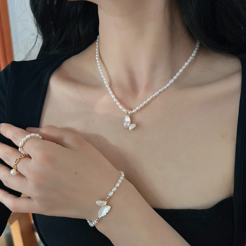 天然珍珠项链3-4mm精致百搭蝴蝶吊坠项链小众简约LH0625