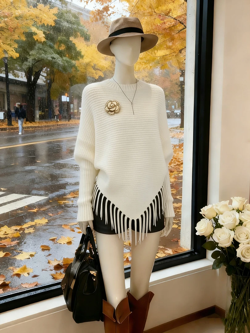 宽松洋气高贵上衣外搭法式不撞款流苏斗篷毛衣冬季百搭显瘦针织衫