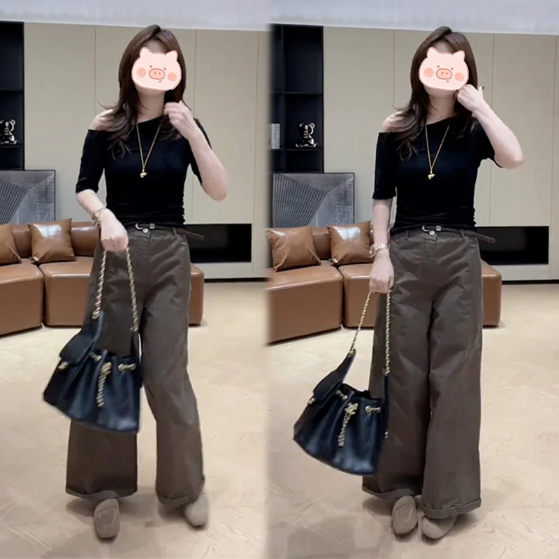 2025秋季简约时尚百搭显瘦设计上衣长袖搭配高腰直筒裤两件套女潮