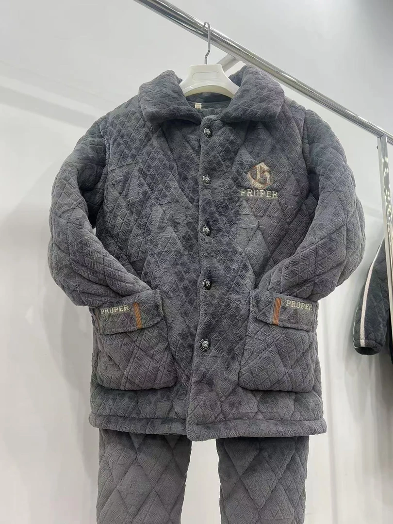 冬天新款特厚睡衣男士冬季加绒三层夹棉加厚家居服可外穿保暖套装