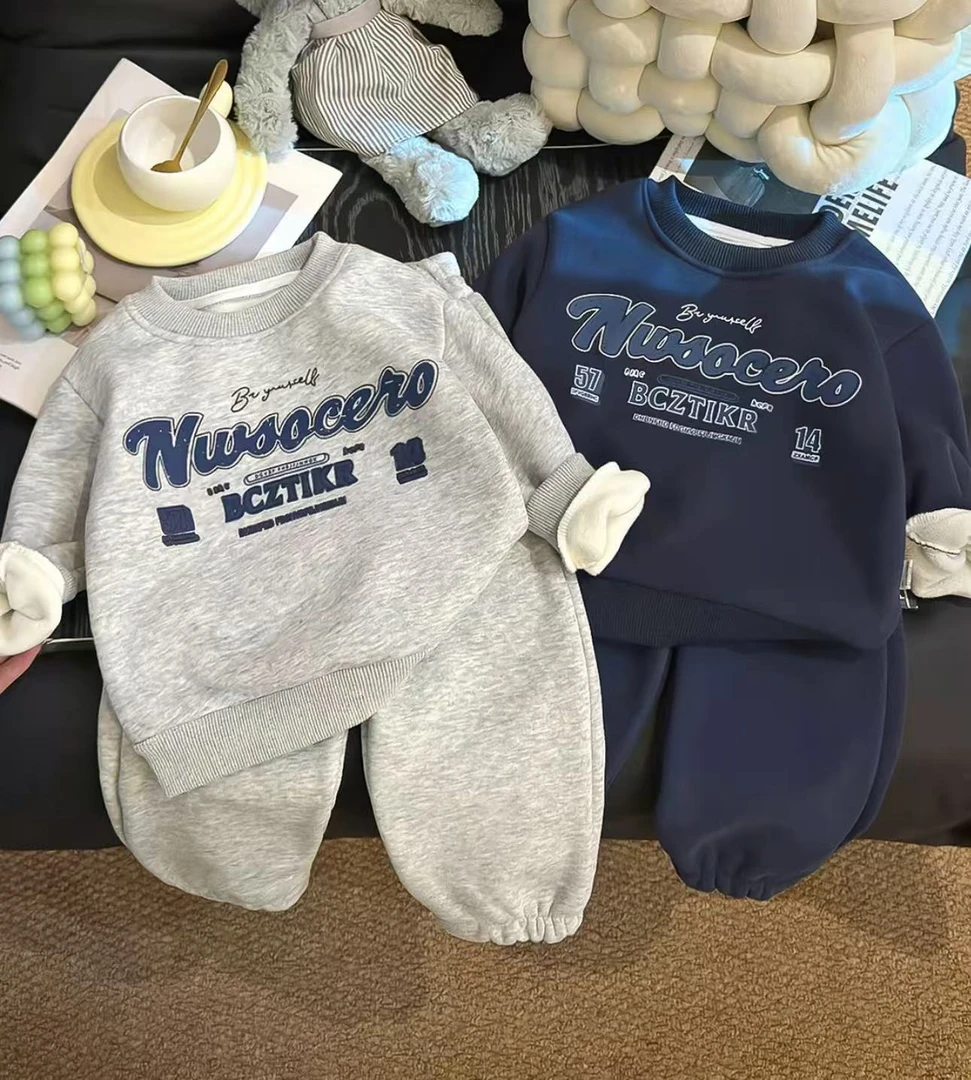 YY-06字母加绒套装 冬季新款韩版卫衣裤子宝宝加绒套装